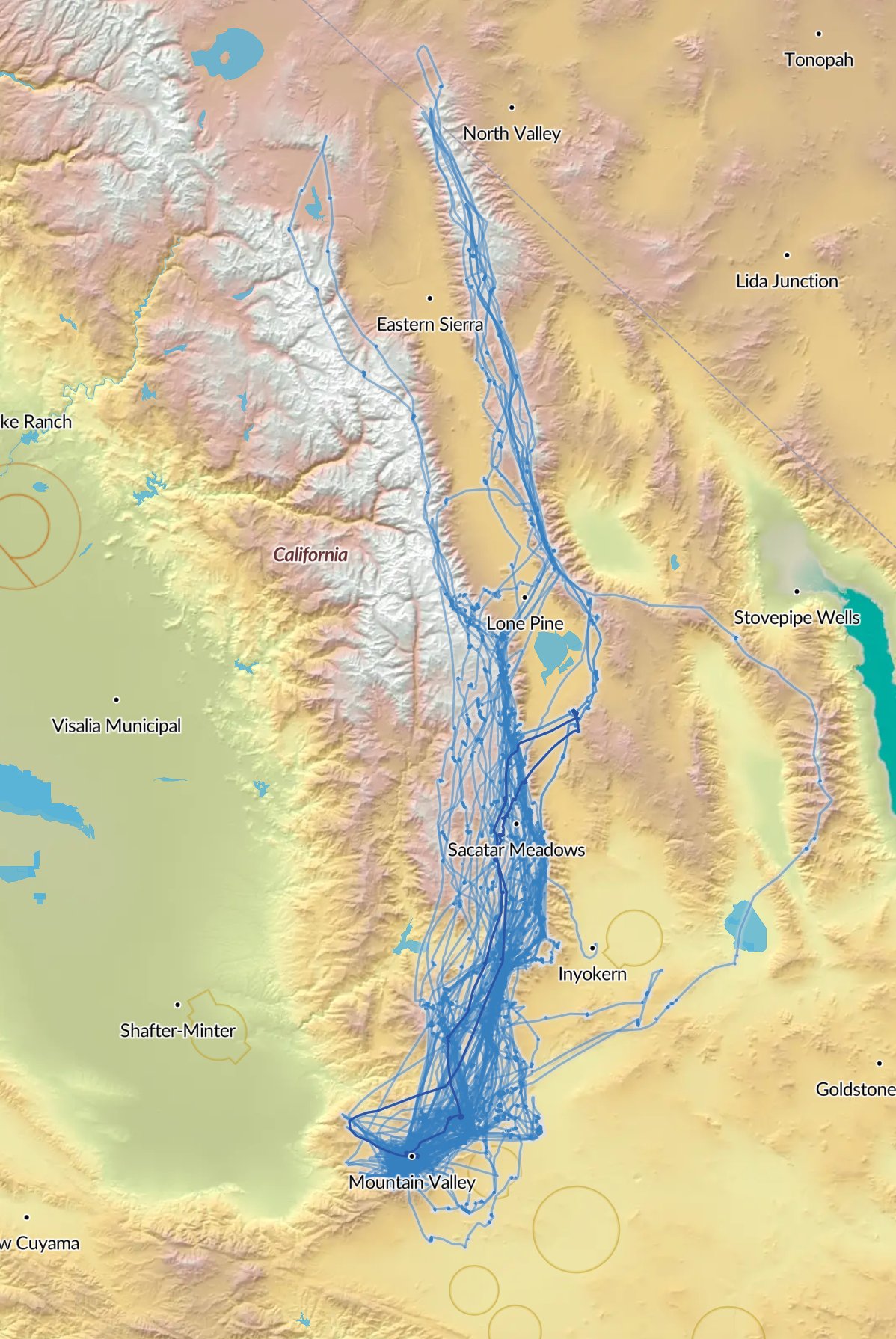WeGlide flight traces from Mountain Valley Airport, July 2025, showing routes north toward Lone Pine and the Owens Valley